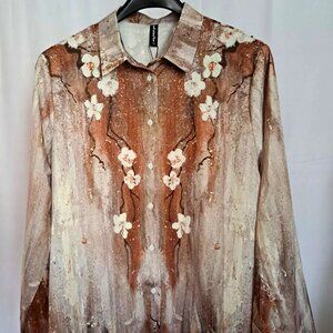 JUST FASHION NOW womens shirt BLOUSE top SIZE L Floral ART TO WEAR OFFICE ** NWT